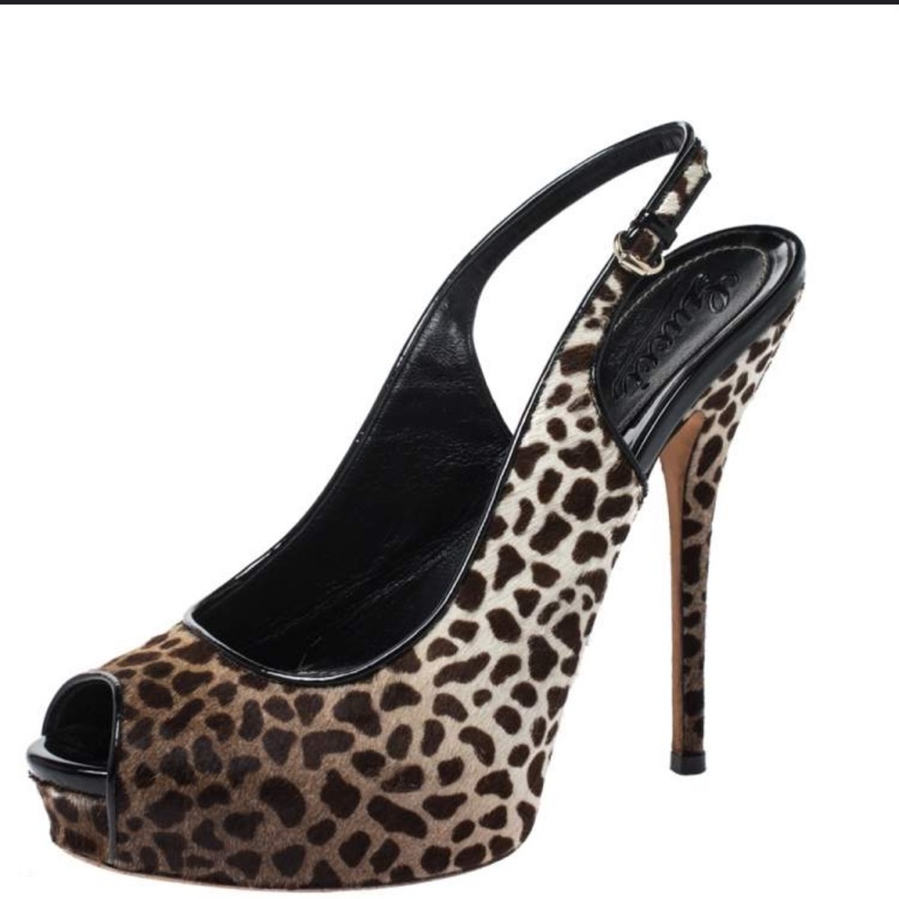 Gucci Leopard Print Pony Hair Sofia Platform Peep Toe Slingback Sandals